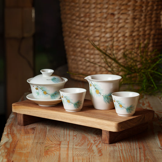 White Porcelain Tea Set with Pine Branch Design